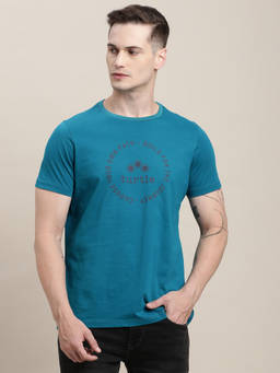 Turtle - Men Knitted Solid Slim Fit Teal Blue Crew Neck T-shirt