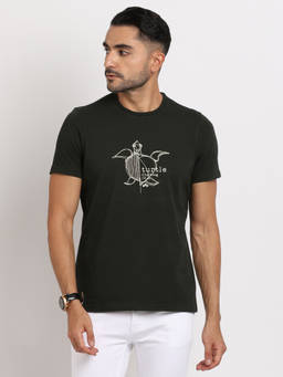 Turtle - Men Cotton Stretch Printed Slim Fit Dark Green Crew Neck T-shirt