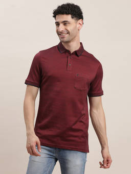Turtle - Men Pure Cotton Self Design Slim Fit Maroon Polo T-shirt