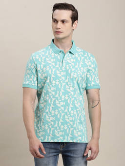 Turtle - Men Cotton Stretch Printed Slim Fit Sky Blue Polo T-shirt