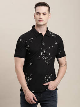 Turtle - Men Polycotton Stretch Printed Slim Fit Black Polo T-shirt