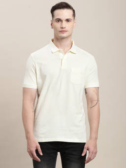 Turtle - Men Cotton Stretch Solid Slim Fit Cream Polo T-shirt