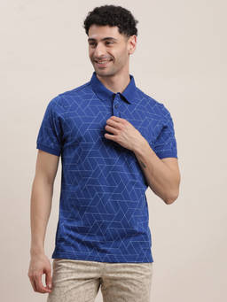 Turtle - Men Pure Cotton Printed Slim Fit Blue Polo T-shirt