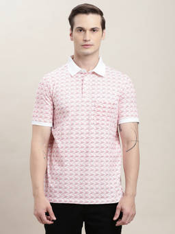 Turtle - Men Cotton Stretch Printed Slim Fit Light Pink Polo T-shirt