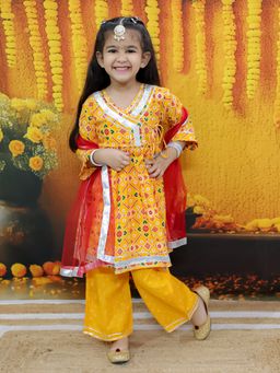 BownBee - Pure Cotton Angrakha Kurti with Pant & Dupatta for Girls Yellow (Set of 3)