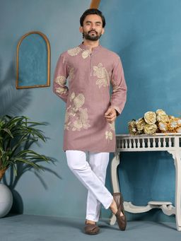 Pink Ethnic - Men Mauve Cotton Flex Printed Straight Kurta