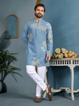 Pink Ethnic - Men Blue Cotton Flex Printed Straight Kurta