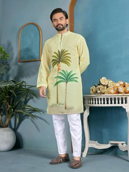 Pink Ethnic - Men Yellow Cotton Flex Printed Straight Kurta