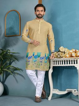 Pink Ethnic - Men Beige Cotton Flex Printed Straight Kurta
