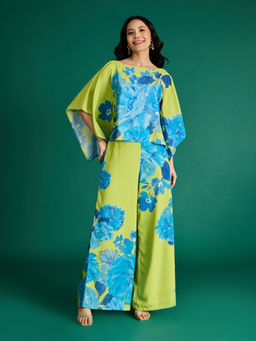 Gajra Gang - Lime Crepe Floral Printed Kaftan Top with Pant Citrus Sorbet (Set of 2)