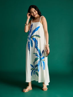 Gajra Gang - White Crepe Strappy Maxi Dress in Palm Print Citrus Sorbet