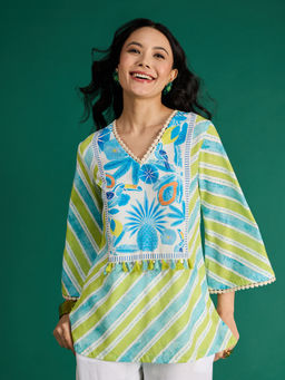 Gajra Gang - Lime Crepe Stripe Tunic Embellished with Tassel Citrus Sorbet