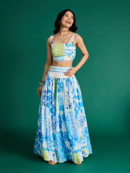 Gajra Gang - White Printed Crop Top & Skirt Citrus Sorbet (Set of 2)