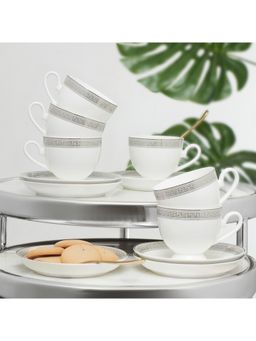 HomeTown - Amour Bone China Cup & Saucer Set Of 12 In Real Gold Plating & White Colour