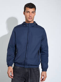 Styli - Men Navy Blue Solid Elasticated Hem Detail Windbreaker Jacket