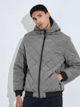 Styli - Men Grey Diagonal Quilted Zip-Front Hooded Puffer Jacket