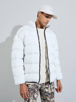 Styli - Men White Quilted High-Neck Zip-Front Oversized Puffer Jacket