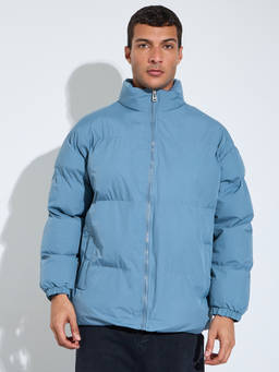 Styli - Men Blue Quilted High-Neck Zip-Front Oversized Puffer Jacket