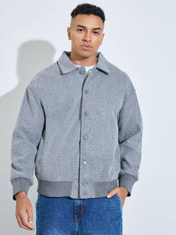 Styli - Men Grey Textured Collar-Neck Regular Fit Jacket with Elasticated Hem Detail
