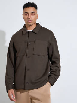 Styli - Men Brown Solid Double Pocket Collar-Neck Layering Jacket