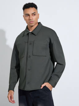Styli - Men Olive Solid Double Pocket Collar-Neck Layering Jacket