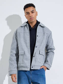 Styli - Men Grey Solid Workwear Jacket with Double Pocket