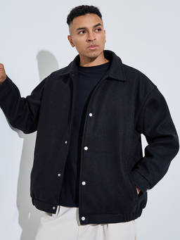 Styli - Men Black Solid Collar-Neck Urban Jacket with Button Closure