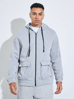 Styli - Men Grey Solid Baggy Pocket Hooded Sweat Jacket