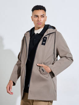 Styli - Men Khaki Solid Hooded Zip-Front Utility Trench Coat