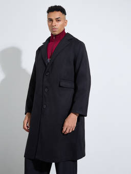 Styli - Men Black Solid Classic Longline Trench Coat with Lapel-Collar