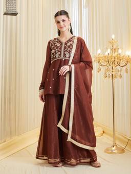 MOKOSH - Brown Silk Paisley Kurti Palazzo with Dupatta