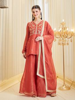 MOKOSH - Orange Silk Paisley Kurti Palazzo with Dupatta
