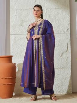 MOKOSH - Purple Silk Embroidered Anarkali Kurta Palazzo with Dupatta