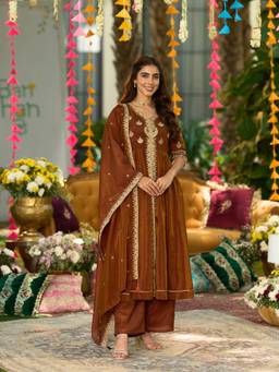 MOKOSH - Copper Silk Embroidered Anarkali Kurta Palazzo with Dupatta