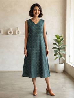 Aayusika - Green Cotton Printed Midi Midi Dress