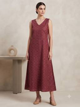 Aayusika - Maroon Cotton Printed Midi Midi Dress