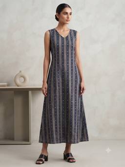 Aayusika - Blue Cotton Printed Midi Midi Dress