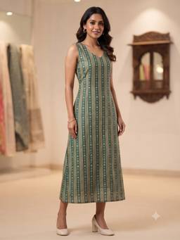 Aayusika - Green Cotton Printed Midi Midi Dress