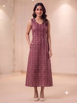Aayusika - Maroon Cotton Printed Midi Midi Dress