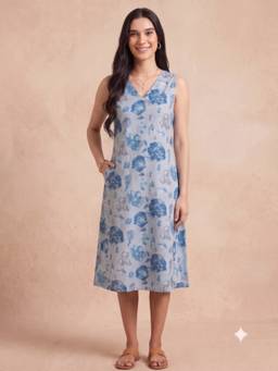 Aayusika - Blue Cotton Floral Midi Midi Dress