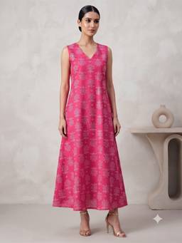 Aayusika - Pink Cotton Floral Maxi Maxi Dress