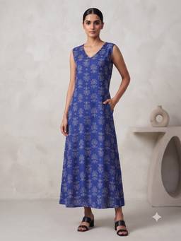 Aayusika - Blue Cotton Floral Maxi Maxi Dress