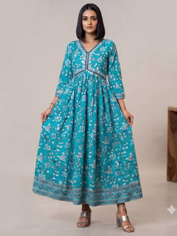 Aayusika - Blue Cotton Floral Maxi Maxi Dress