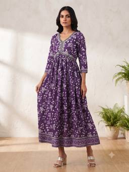Aayusika - Purple Cotton Floral Midi Midi Dress