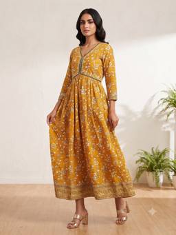 Aayusika - Mustard Cotton Floral Midi Midi Dress