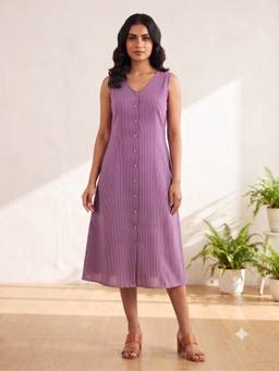 Aayusika - Purple Cotton Stripes Midi Midi Dress