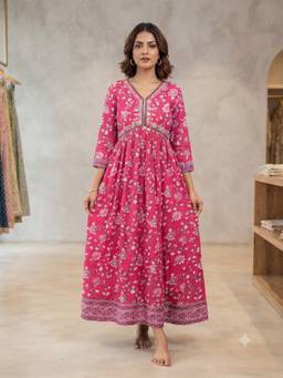 Aayusika - Pink Cotton Floral Maxi Maxi Dress