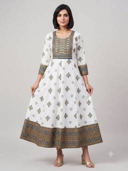 Aayusika - White Cotton Floral Maxi Maxi Dress