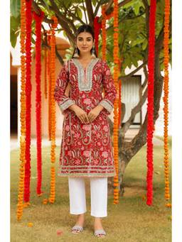 CHHAAP TILAK - Red Cotton Floral Kurta