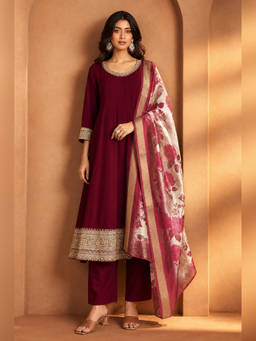 Seerat - Maroon Chanderi Embroidered Anarkali Kurta Pant with Dupatta
